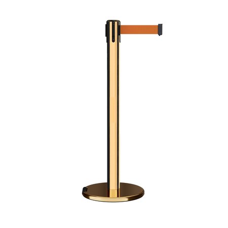 MONTOUR LINE Retractable Belt Stanchion Roller Base, 3ft Pol.Brass Post 14ft Orange ME650-PB-OR-140